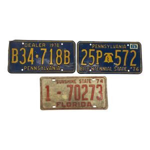 Lot of 3 original vintage U.S. license plates from the 1970s Pennsylvania FL